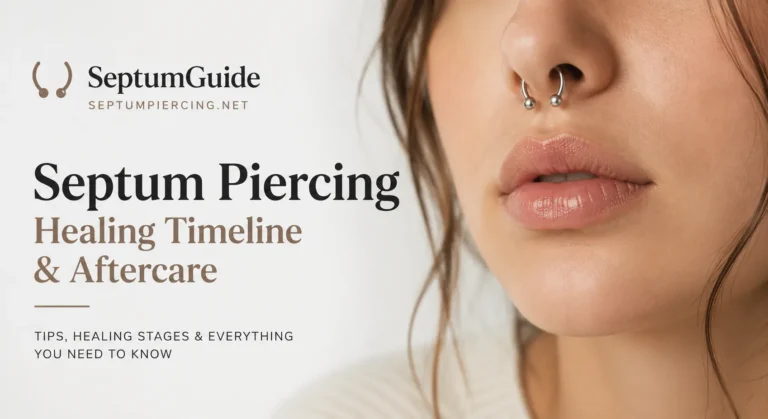 Aftercare of septum piercing showing a person cleaning their new septum piercing with saline solution